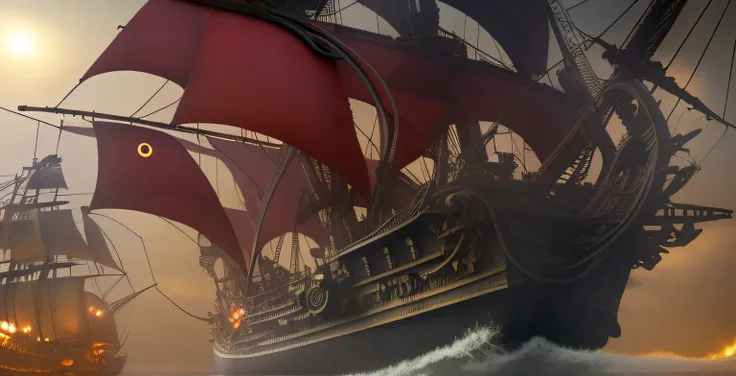 pirate ship in the ocean with red sails and flames, an impossibly huge pirate ship, ships with sails underneath, epic naval battle, pirate ships at war at night, gothic ship on ocean, a sea battle, skeletons on a pirate ship, pirate ships, naval battle, on...