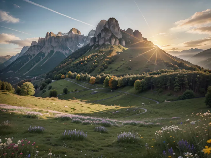 "Erschaffe eine fesselnde und immersive Landschaft, which transports the viewer into a vast expanse of fields amidst the splendor of majestic mountains. Stellen Sie sich vor, wie die Sonne anmutig im Hintergrund untergeht, Pouring a warm, Goldenes Leuchten...