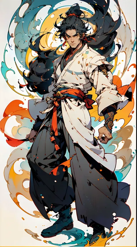 A young man with short aquamarine hair, sharp eyebrows, starry eyes, radiating a righteous aura, a two-piece fantasy wuxia-style outfit, featuring a traditional Chinese martial arts long gown, a wide overcoat, flowing sleeves, the color scheme is mainly re...