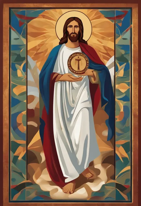 Create a highly stylized artistic depiction of Jesus, where the shapes are abstract and fluid. He must hold coins that seem to be made of light in one hand and an open Bible in the other. Use vibrant colors and expressive strokes to convey a sense of godly...