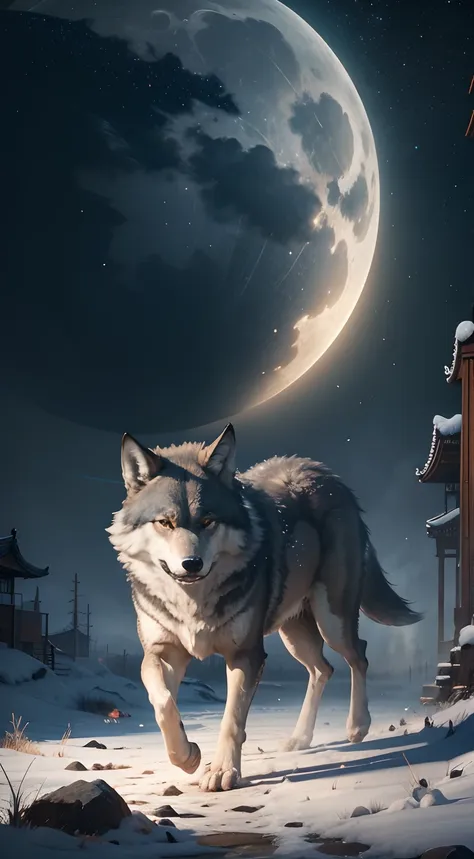 Strong wolf，中景 the scene is，（Full body appearance），Admire the night sky，standing on your feet，Roared，Rush into the night sky，Delicate depiction of hair，（Extremely detailed depiction of the wolfs body），Empty night sky，Transparent Nebula，pagoda，Auspicious cl...