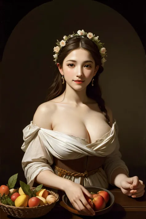 Ancient Greek maiden, Ancient Greek clothes, woman, pure smile, Caravaggio painting, flowers, fruits, big breasts Tong ,Caravaggio chiaroscuro, dark background