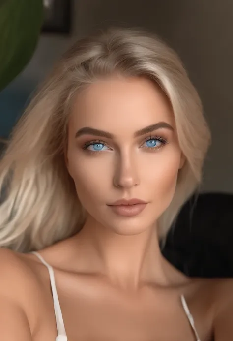 realistic white female instagram influencer, best quality, blonde, 1 girl, blue eyes, naked