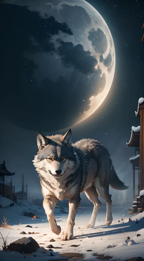 strong wolf，中景 the scene is，（full body appearance），admire the night sky，standing on your feet，roared，rush into the night sky，del...