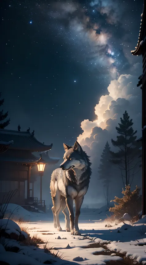 Strong wolf，中景 the scene is，（Full body appearance），Admire the night sky，standing on your feet，Roared，Rush into the night sky，Delicate depiction of hair，（Extremely detailed depiction of the wolfs body），Empty night sky，Transparent Nebula，pagoda，Auspicious cl...