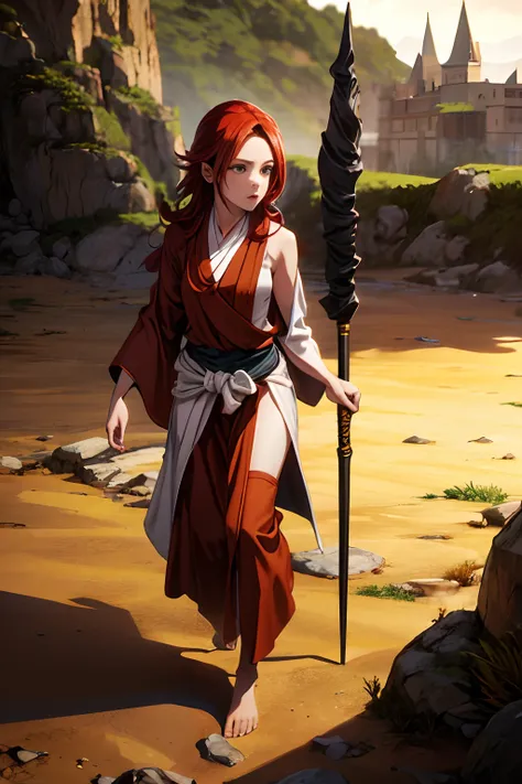 Barefoot, red hair girl dressed fantasy warrior monk with a Bo staff