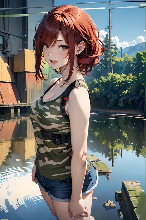 (Best Quality, 8K, Oil Painting, masutepiece:1.2), Ultra-detailed, (Realistic, Photorealistic:1.37), (((FULL BODYSHOT)))、Vibrant colors, Studio Lighting, (((The whole body is reflected)))、Shoulder-length bob hair, Green and brown tank top, Camouflage tank ...