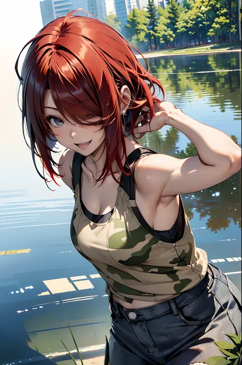 (Best Quality, 8K, Oil Painting, masutepiece:1.2), Ultra-detailed, (Realistic, Photorealistic:1.37), (((FULL BODYSHOT)))、Vibrant colors, Studio Lighting, (((The whole body is reflected)))、Shoulder-length bob hair, Green and brown tank top, Camouflage tank ...