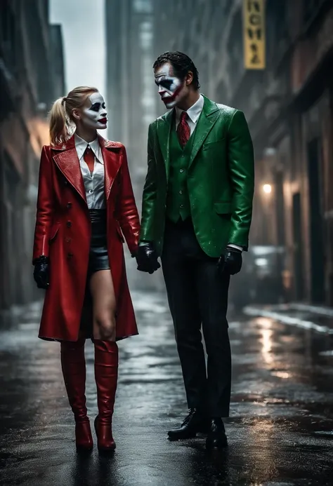 A couple photo from joker and pretty harley quinn, joker suit, rain day, wet, standing on urban street, dynamic romantic poses, shot from below, urban wall graffiti background, detailed face and eyes, perfect anatomy, perfect finger, lots of detail, higly ...