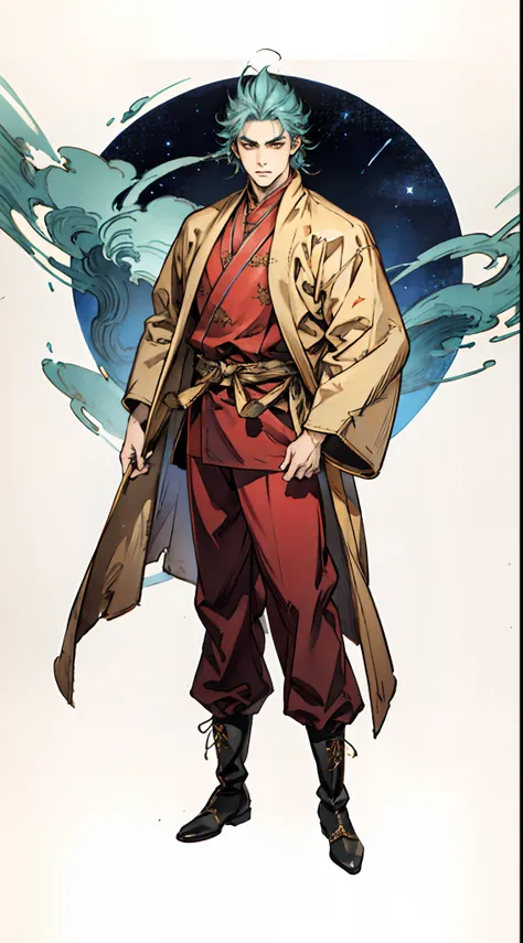 a young man with short aquamarine hair, sharp eyebrows, starry eyes, radiating a righteous aura, a two-piece fantasy wuxia-style...