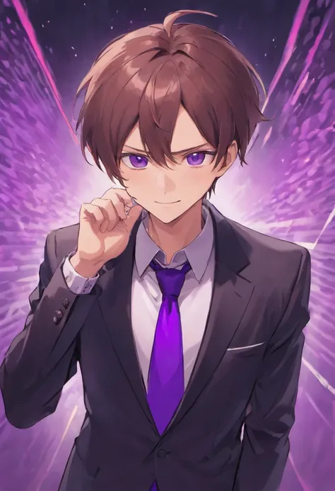 male people　Brown hair　Purple Sampaku Eyes　　ssmile　black suits　Purple tie