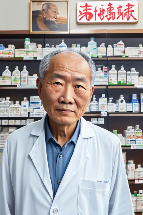 An old man with traditional Chinese thinking，Real frontal photos，Authentic background，The background is a pharmacy，worn-out clothing，Face full of wrinkles，Old Chinese medicine practitioner，Wise eyes，The beard is white，male people