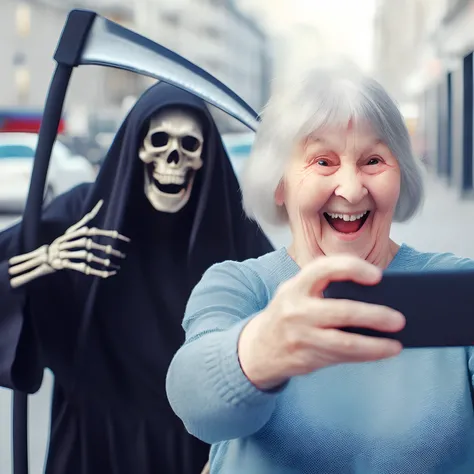 masterpiece, 8K, UHD, best quality, official art, photo-realistic, digital image, art, very old woman, grandmother, taking selfie, city street, laughs, happy, black reaper, death, scythe, stands behind, joyfully waves, humor, funny, parody, realism, detail...