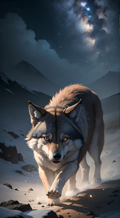 strong wolf，中景 the scene is，（full body appearance），admire the night sky，standing on your feet，roared，rush into the night sky，del...