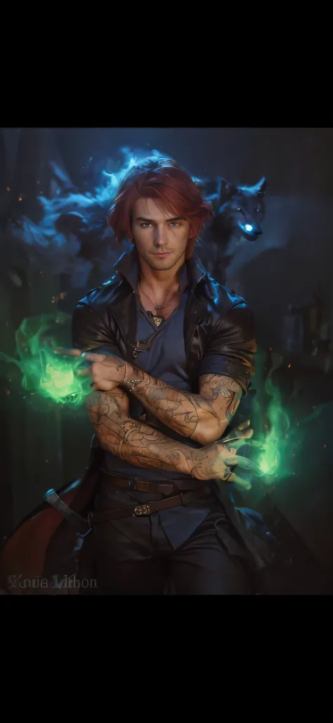 (best quality,4k,8k,highres,masterpiece:1.2), ultra-detailed, (realistic,photorealistic,photo-realistic:1.37), bright red hair, attractive male, dashing, Constantine-like appearance, shadow creature, wolf shape in the background