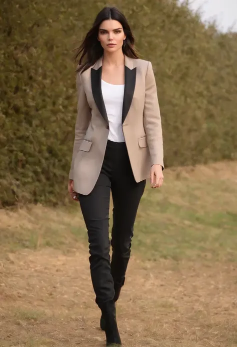 Kendall Jenner pantalon , blazer, ne portant rien sous son blazer, bottes et blazer ouvert. Longues jambes. fessiers