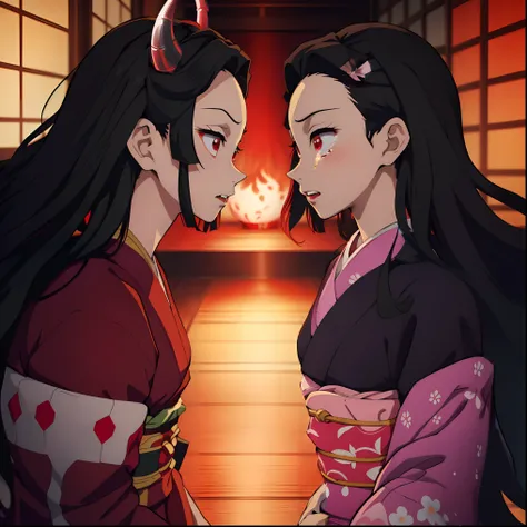 (masterpiece, best quality:1.2), kimetsu no yaiba style, kamado nezuko, (2girls, Twin girls facing each other, face to face), 18years old, upper body, kimono, (black long hair, wave hair), forehead, (red demon horns, red eyes), (crying, angry)