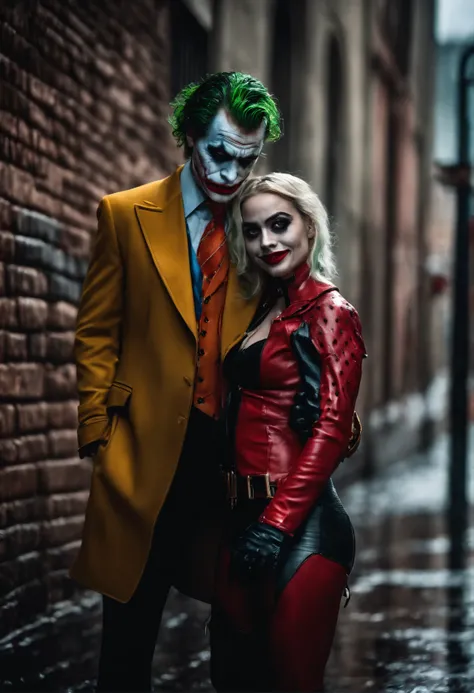 A couple photo from joker and pretty harley quinn, joker suit, rain day, wet, standing on urban street, dynamic romantic poses, shot from below, urban wall graffiti background, detailed face and eyes, perfect anatomy, perfect finger, lots of detail, higly ...