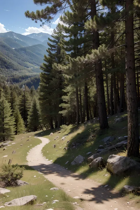 Dense pine forest in mountainous terrain, In the background of the mountain, Sunny weather, photo realism, hyper realisitc