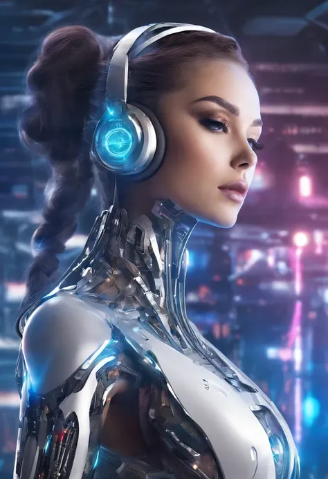 A BEAUTIFUL CYBORG, WITH NECKLACE, SINGING WITH MICROPHONE, HYPER REALISTIC, 4K, BEST QUALITY