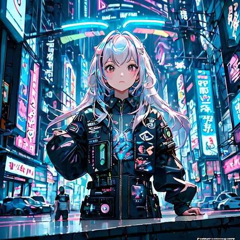 (obra prima、qualidade superior、qualidade superior、Arte Oficial、ighly detalhado、beautifully aesthetic:1.2)、(1girl em)、(Arte Fractal:1.3)、Hairstyle Random、Random colored hair color、tiro de corpo inteiro、(CyberpunkＴA camisa)、animesco |、Head-mounted displays、d...