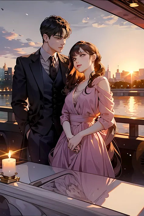 Love Novel Cover The backdrop is a luxury hotel by the river. 1 male and female couple taking a romantic boat ride along the river twilight