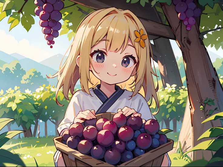 Octane Render、(Hyper-detailing: 1.15)、(Soft light、sharp: 1.2)、morning、Harvesting grapes, Enjoy grape picking、Distinctive ethnic hair ornaments、 Fuji Film, F/4.0, masutepiece, Anatomically correct、A smile, radiant light