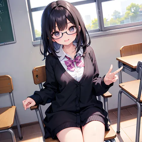 girl with、1 persons、Dark hair、Black eyes、length hair、Cheerful smile、huge smile、eye glass、Smaller chest、Pupils、校服、Cardigan、Schools、‎Classroom、chatting、sit a chair