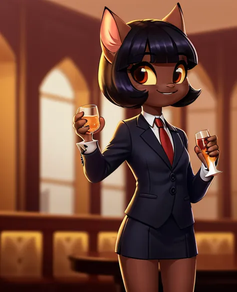 female, (Detailed face), (solo:1.1), [(thin:1.1) : small petite : (ivy pepper):4], (Detailed face), (more details, detailed background:1.1), (tail:1.1), smile, holding a glass in hand, skirt suit, suit and tie, (((three-piece suit))), silk dress shirt, shi...