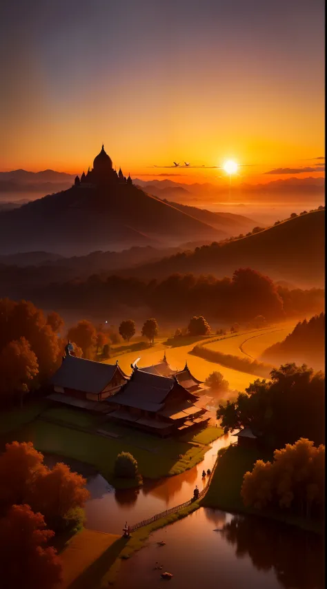 an oil painting depicting a traditional Myanmar village during sunrise, with birds soaring high in the sky
Inspiration: Reflects the artistry of U Ba Nyans traditional Myanmar paintings
Scene: The village sits in the embrace of the ascending sun, evoking a...