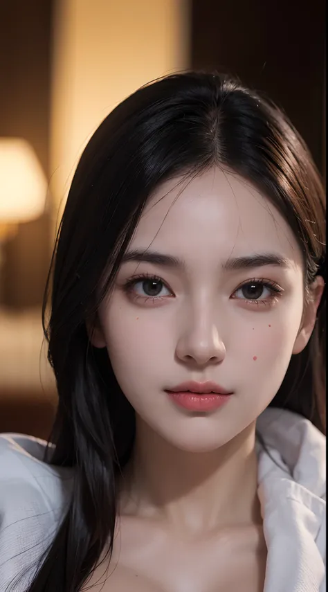 Photocinematic, detailed facial features, no-makeup, Realistic skin, Born, Urzangarh, Phantom High Speed Camera, shadow play, A hyper-realistic, Detailed Face - AR 16:9 --s 750 --v 5.2、I can see the cleavage、smil