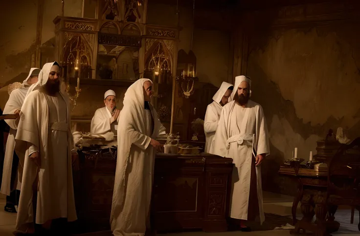 Several people in white robes are standing around the table, robed figures sat around a table, dressed in white robes, white robes, clad in robes, wearing a white robe, Ancient kings in white robes, covered in robes, wearing robe, flowing white robes, reli...