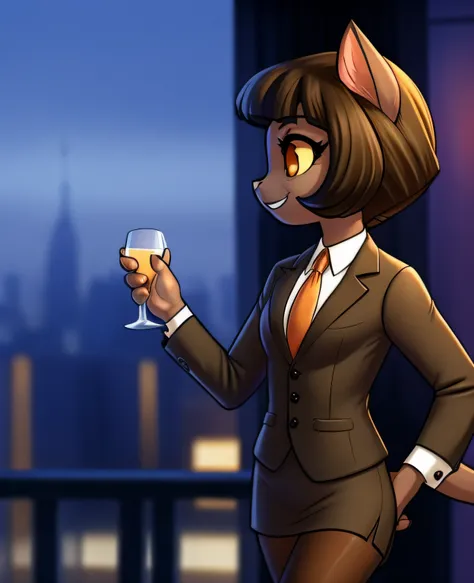 female, (Detailed face), (solo:1.1), [(thin:1.1) : small petite : (ivy pepper):4], (Detailed face), (more details, detailed background:1.1), (tail:1.1), smile, holding a glass in hand, skirt suit, suit and tie, (((three-piece suit))), silk dress shirt, shi...