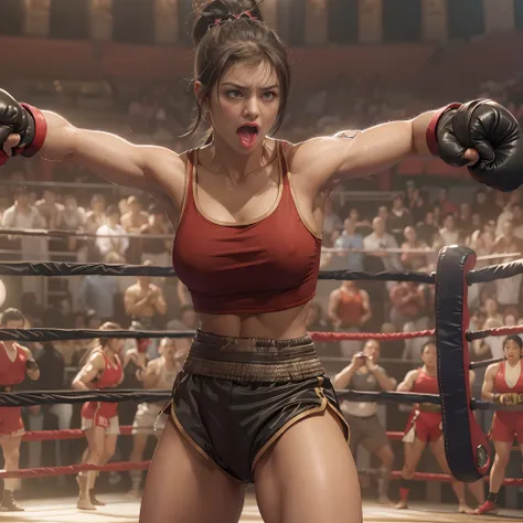 8k, best quality, masterpiece, realistic, real person, Unity 8k wallpaper, (1 girl) , Beautiful eyes, (Delicate face) , Perfect detail, (best lighting) , (super complex details) , (boxing girl) , (sexy), sweat, heavy breathing, ((screaming with big mouth o...