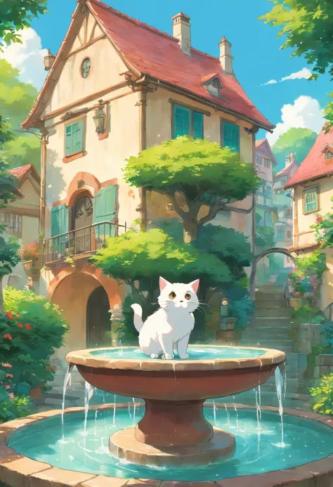 A round-eyed cute cat, Garden fountain, , Distant houses