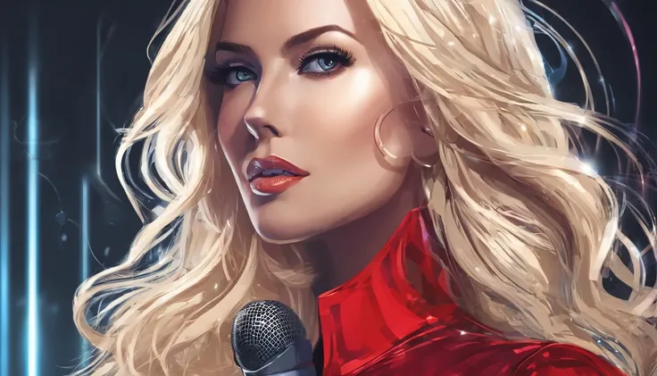 A BEAUTIFUL BLONDE WOMAN, WITH A RED BLOUSE SINGING WITH A MICROPHONE, BLACK BACKGROUND, HYPER REALISTIC, 4K, BEST QUALITY