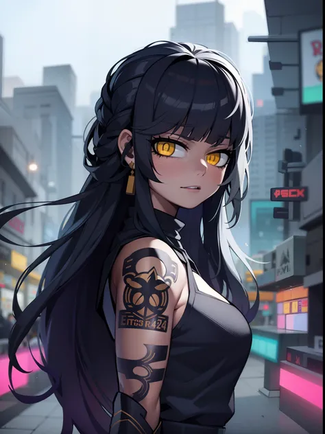 Anime girl with yellow eyes and tattoos on her arm, estilo anime 4K, estilo anime. 8k, anime moe artstyle, badass anime 8 k, Anime Art Wallpaper 8K, arte digital estilo anime, garota anime cyberpunk, Jet Black Haired Menina, Anime Art Wallpaper 4K, Anime A...