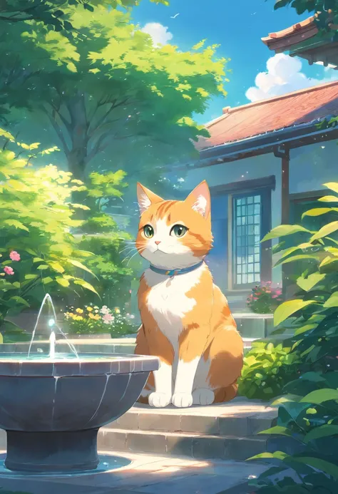 A round-eyed cute cat, Garden fountain,  Distant houses