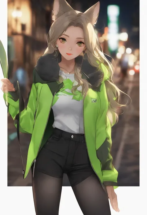 1 fox, (By lovely detail), Body skin, soio, fox ear, Two shades of hair, (high high quality), high resolution, 詳細な目, detailed shadow, Green jacket (high high quality), high resolution (digitial painting), (8K), (Tail: 1.1), Green City, skylines, (Hand in p...