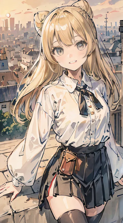 girl with、blondehair、Long、Smiling、White Volume Sleeve Blouse、Black pleated skirt、tights、lowfers、preppy、Small Pouch、Upper Eyes、Bunching hair、Medieval cityscape、