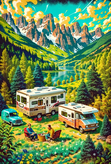 There were two motorhomes parked in the fields by the lake, jen bartel, author：Trevor Brown, inspired by Brothers Hildebrandt, Stylized digital illustration, inspired by Brothers Hildebrandt, beautiful retro art, bussiere rutkowski andreas rocha, Inspired ...