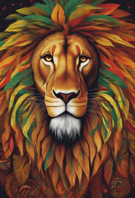 "Imagine a vibrant illustration of a majestic lion, com uma juba feita de folhas de maconha, On a background of bright, psychedelic colors. Around the lion, Tribal Patterns and Symbolic Elements of Reggae, como guitarras, Rastafarian Reels and Symbols, The...