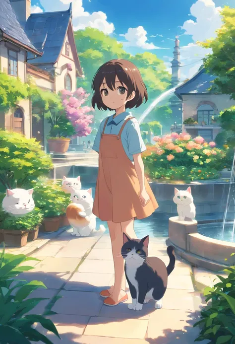 A girl, a round-eyed cute cat, Garden fountain, , Distant houses