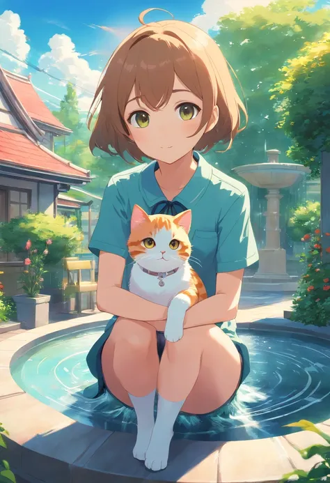 A girl, a round-eyed cute cat, Garden fountain, , Distant houses