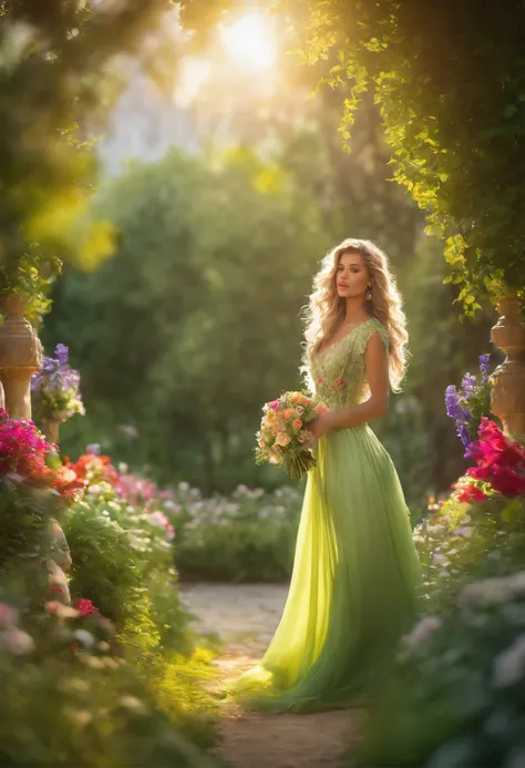 lush green garden, vibrant flowers, flowing dress, gentle breeze, sunlight streaming through the trees, peaceful atmosphere, vivid colors, high level of detail, realistic rendering.