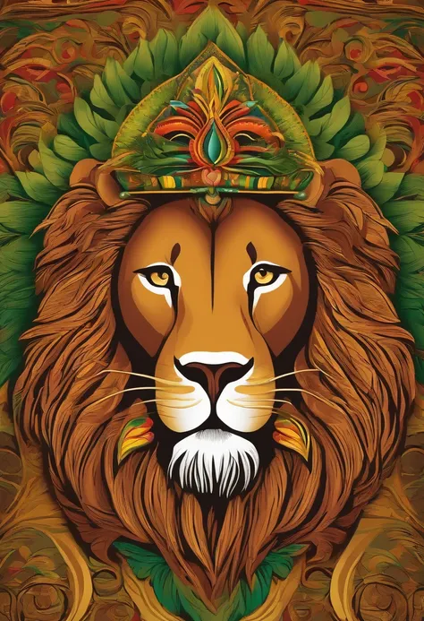 "Imagine a vibrant illustration of a majestic lion, com uma juba feita de folhas de maconha, Em um fundo de brilhante, psychedelic colours. Around the lion, Tribal Patterns and Symbolic Elements of Reggae, como guitarras, Rastafarian Reels and Symbols, The...