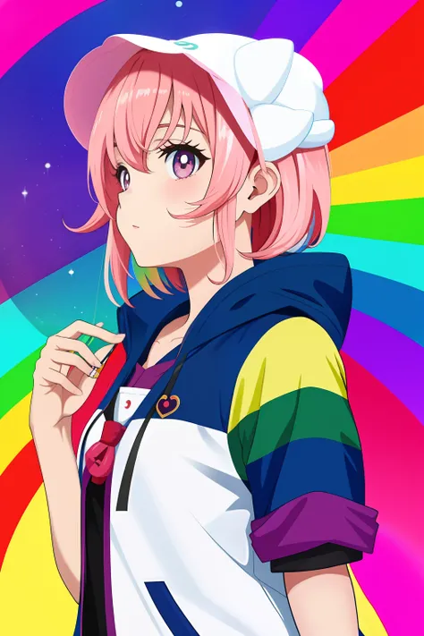 imagem de uma garota de anime para foto de perfil, cabelo rosa, olhos cor-de-rosa, soprando uma bolha de goma, roupa de estudante, usando um capuz, rainbow background