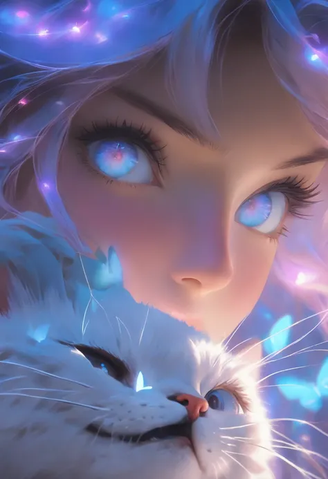 detail, Realism, 4K, Beautuful Women, detail in face, Big blue eyes, Plump lips, Upturned nose, Purple and gray hair, Wearing a light blue dress, The cat in his hands, Blue moonlight background, White butterfly in the foreground, Realistic shooting, depth ...