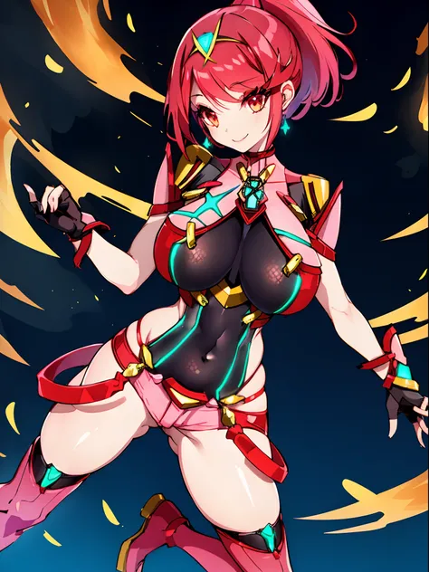 pyra (xenoblade), teen_1girl, loli, bangs, black gloves, breasts, red eyes, shout, earrings, eyelashes, fingerless gloves, floating hair, , gem, gloves, hair ornament, headpiece, jewelry, gigantic_breasts, leaning back, swimsuit, neon trim, official art, p...