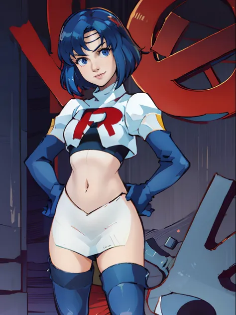 face of catria_echoes,1girl,team rocket,team rocket uniform, red letter R, white skirt,white crop top,black thigh-highs,black elbow gloves, evil smile, hands on hips